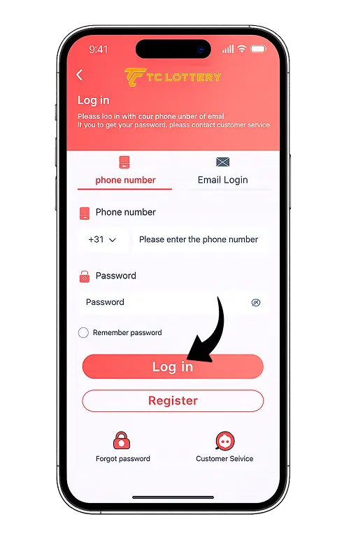 TC Lottery login screen – sign in with phone or email