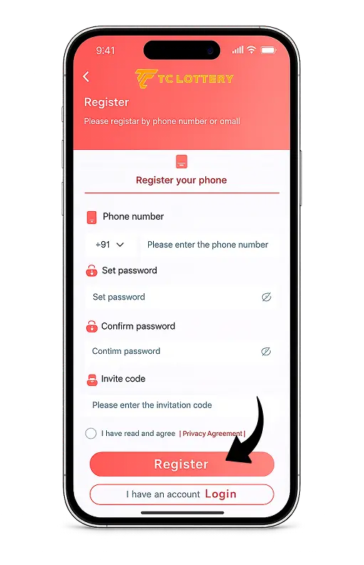 TC Lottery registration – create account with phone or email
